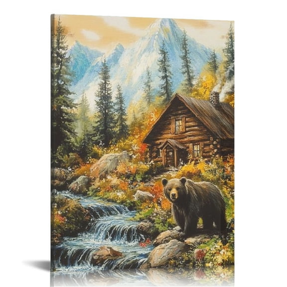 Patifu Bears Woods Cabin Wall Art Canvas Home Office Decor 12x16 in