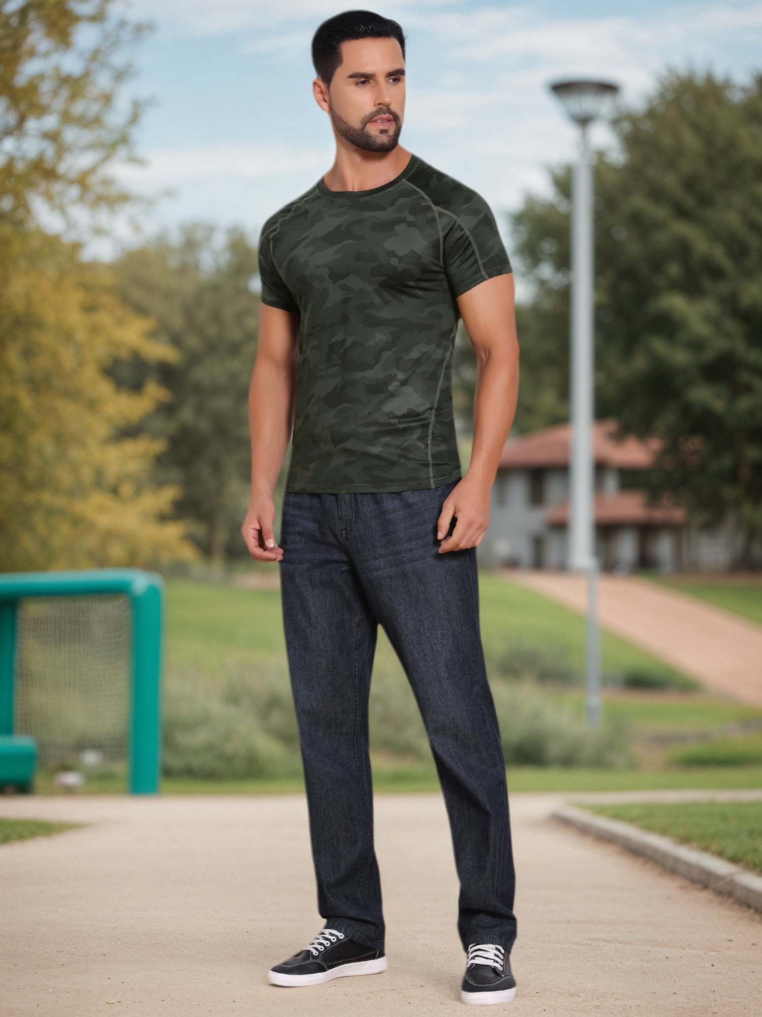 DARING DIVA Men's Workout Stretch Crew Neck Short Sleeve T-Shirt L Dark Green