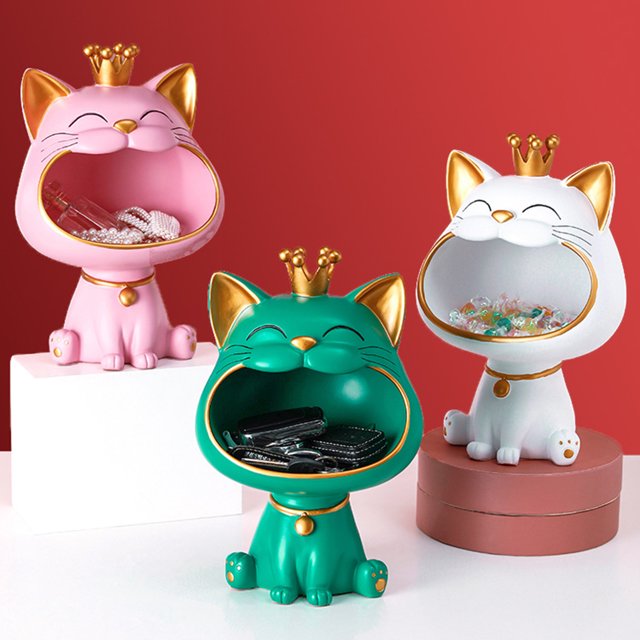 Decoración hogareña Caja de almacenamiento de Gwong High Durabilidad Forma de dibujos animados Resina Cat Sculpture Sundries Caja Decoración para el hogar Gwong 21072065