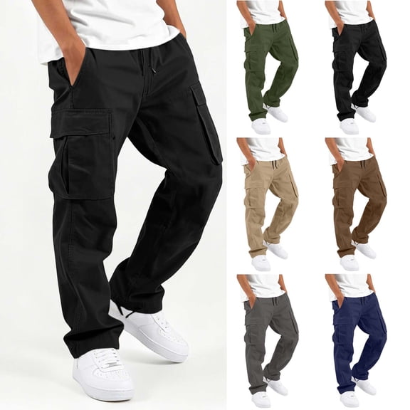 Spazoro Kids Boys 100% Cotton Cargo Pants with Multi-Pockets, Fall Straight Leg Elastic Drawstring Waist Breathable Casual Trousers for School Outdoor Black Size 5-6