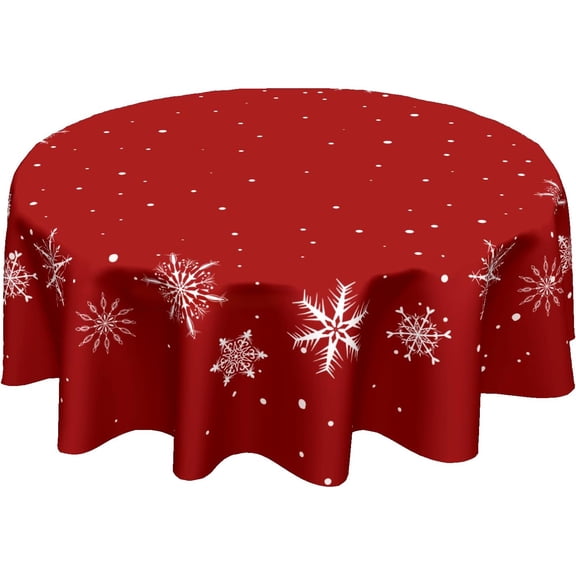 Xmas Snowflake Table Cloth Round 60 Inch Polyester Table Cover | Red Xmas Table Cloth Round Winter Snowflake Tablecloth Washable Stain and Wrinkle Xmas Round Table Cover for Dining Picnic