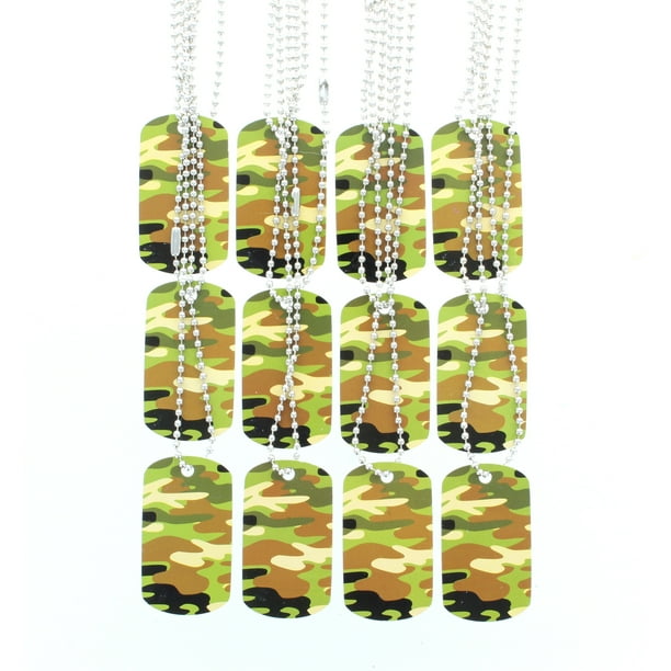 12 Metal Camouflage Dog Tag Necklaces Camo Military Army Boys Party Favors