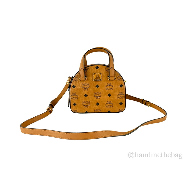 MCM Signature Cognac Diamond Logo Leather Mini Round Top Tote Crossbody Handbag