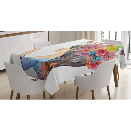 

Floral Decor Tablecloth Colorful Spring Flowers Leaves with a Long Haired Woman Butterfly Art Image Rectangular Table Cover for Dining Room Kitchen 52 X 70 Inches Multicolor by Ambesonne