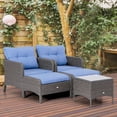 thumbnail image 2 of Outsunny 5 Pieces Wicker Patio Furniture Sofa Set Thick Padded Cushions, Outdoor PE Rattan Conversation Coffee Set with Armchairs, Footstools and Glass Top Table, Blue, 2 of 10