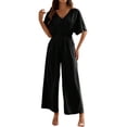 thumbnail image 2 of Women'S Summer Casual Jumpsuit Short Sleeve Romper V Neck Wide Leg Pants With Pockets 2024 Black M, 2 of 6