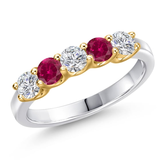 Gem Stone King 10K Two Tone Gold Lab Grown Diamond and Red Created Ruby Wedding-Bands Ring for Women | 1.01 Cttw | Round 3.5MM | Gemstone April Birthstone | Size 8