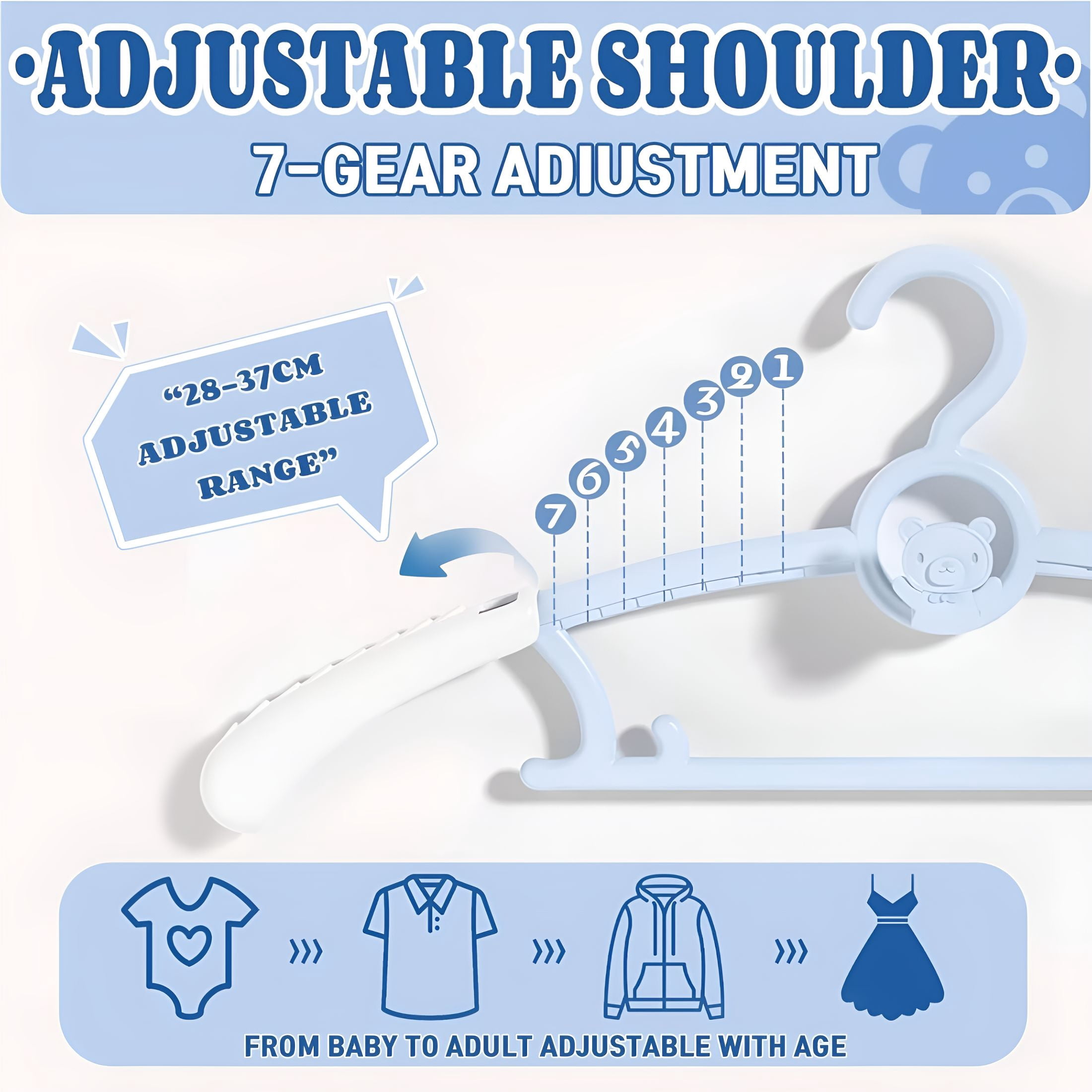 XIBUFE Kids Hangers Adjustable Plastic Baby Boy Hangers 20 Pack,Toddler Bear Hanger for Children'S Clothes Sweaters,Infant Hangar for Closet with Non-Slip Shoulder Grooves&Pants Bar,Blue