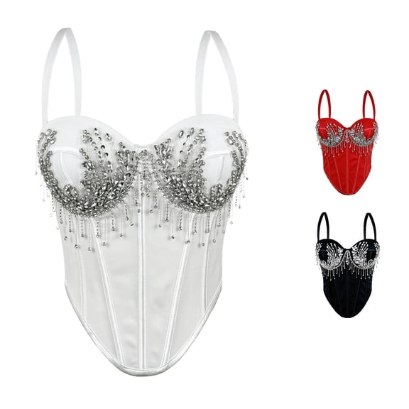 Trendfront Womens Corset Bustier Shapewear Rhinestone Detail Lace Up Vintage Style Party Outfit for Women