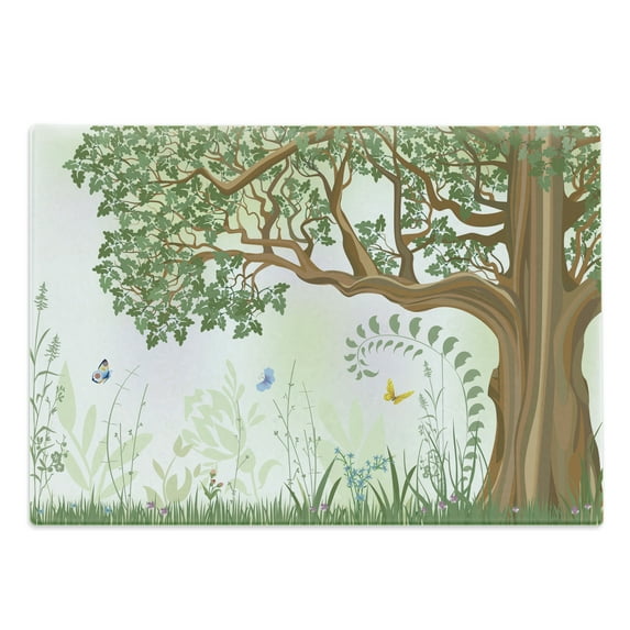 Nature Cutting Board, Spring Summer View Tree Grass Butterfly Oil Painting Effect Wall Hanging Art, Decorative Tempered Glass Cutting and Serving Board, in 3 Sizes, by Ambesonne