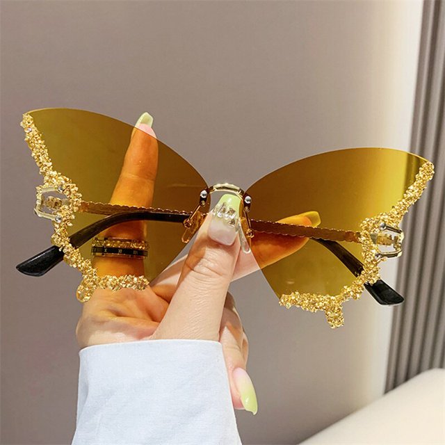Gafas de sol de mariposa de cristal sin marco para mujer, gafas de sol sin montura, gafas de marca Vintage, gafas de diamantes brillantes, diseñador de lujo qiuyongming unisex