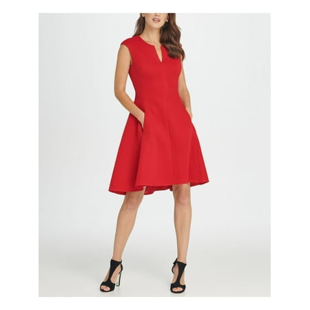 DKNY Womens Red Sleeveless V Neck Knee Length Fit + Flare Party Dress Size: 4