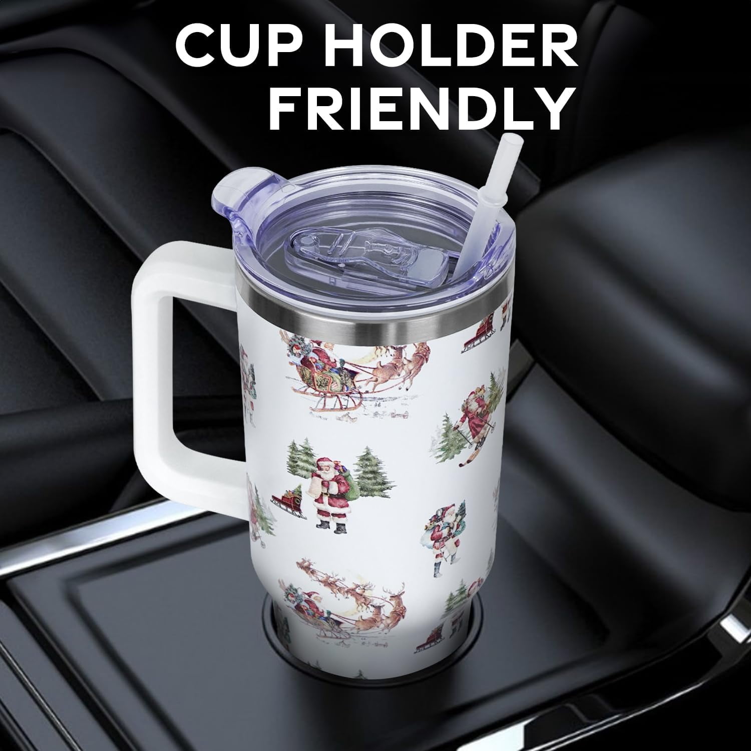 Baiheyi Christmas Santa Claus Sleigh Tumbler with Handle and Straw Lid 40 oz,Cute Christmas Gifts for Women Vacuum Insulated Leak Proof Tumbler,Winter Holiday Accessories