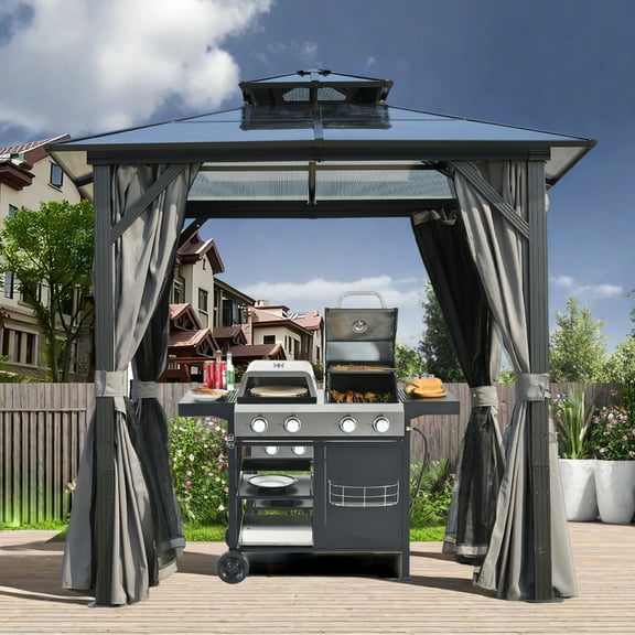 Outdoor Grill Gazebo , 8 x 8FT Hardtop BBQ Gazebo with UV-Resistant Polycarbonate Roof & Storage Hooks for Patio, Lawn, Garden, Grey