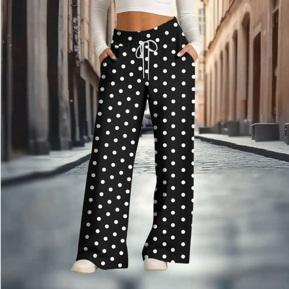 gbyLJF Womens wide Leg Pants Polka Dot Printed Drawstring Elastic Waist Long Pants Casual Loose Fit Trousers Sweatpants with Pockets