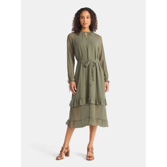 Time and Tru Women's High Neck Tiered Midi Dress, Sizes XS-XXXL