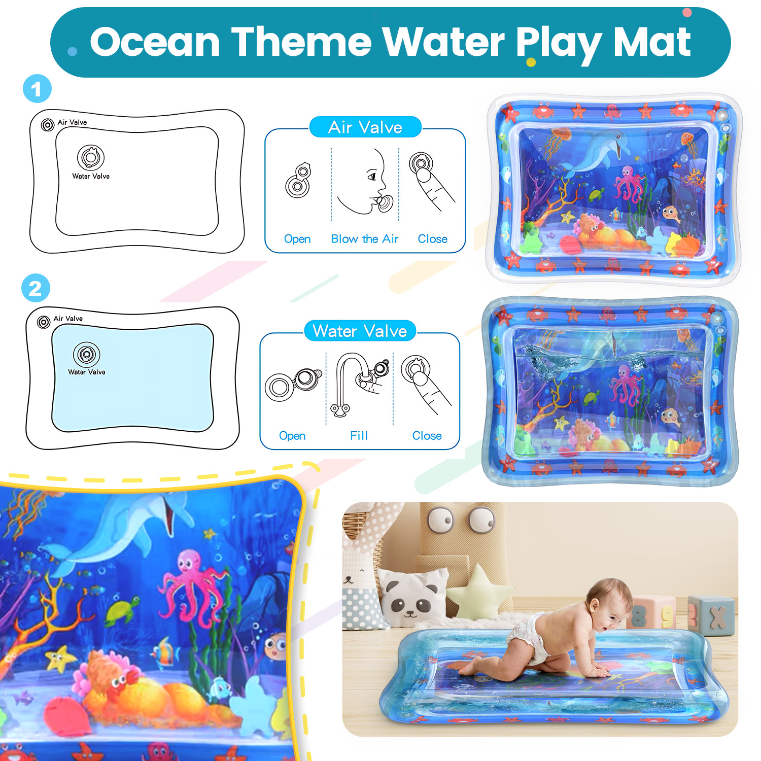 WonderStone 2-in-1 Baby Gym with Water Mat and Play Piano, Blue photo 6