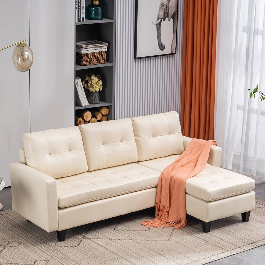 Lowestbest Solid Wood Upholstered PU Sofa, L-Shaped Minimalist Nordic Style Indoor Sofa, White Lowestbest Solid Wood Upholstered PU Sofa, L-Shaped Minimalist Nordic Style Indoor Sofa, White
