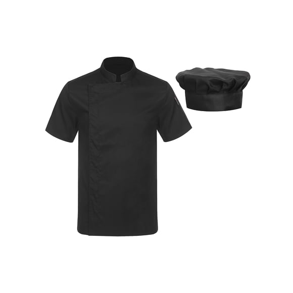 Sinleey Uniform Men Women Kitchen Restaurant Work Uniform Short Sleeves Chef Coat with Chef Hat Set Black L
