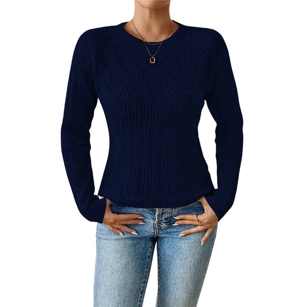 Suéteres de Punto Ligeros de Crochet con Cuello Redondo y Mangas Largas para Mujer Conjuntos de Otoño A Azul Oscuro S