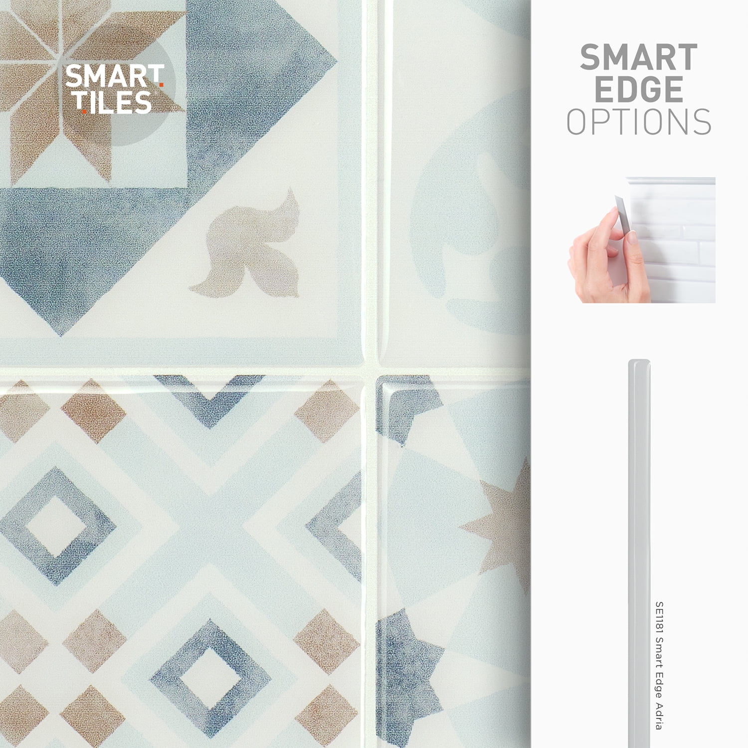 Smart Tiles - 3D Adhesive Peel and Stick Backsplash Tile, Blue, Brown & White - 5-Pack 9" x 9"