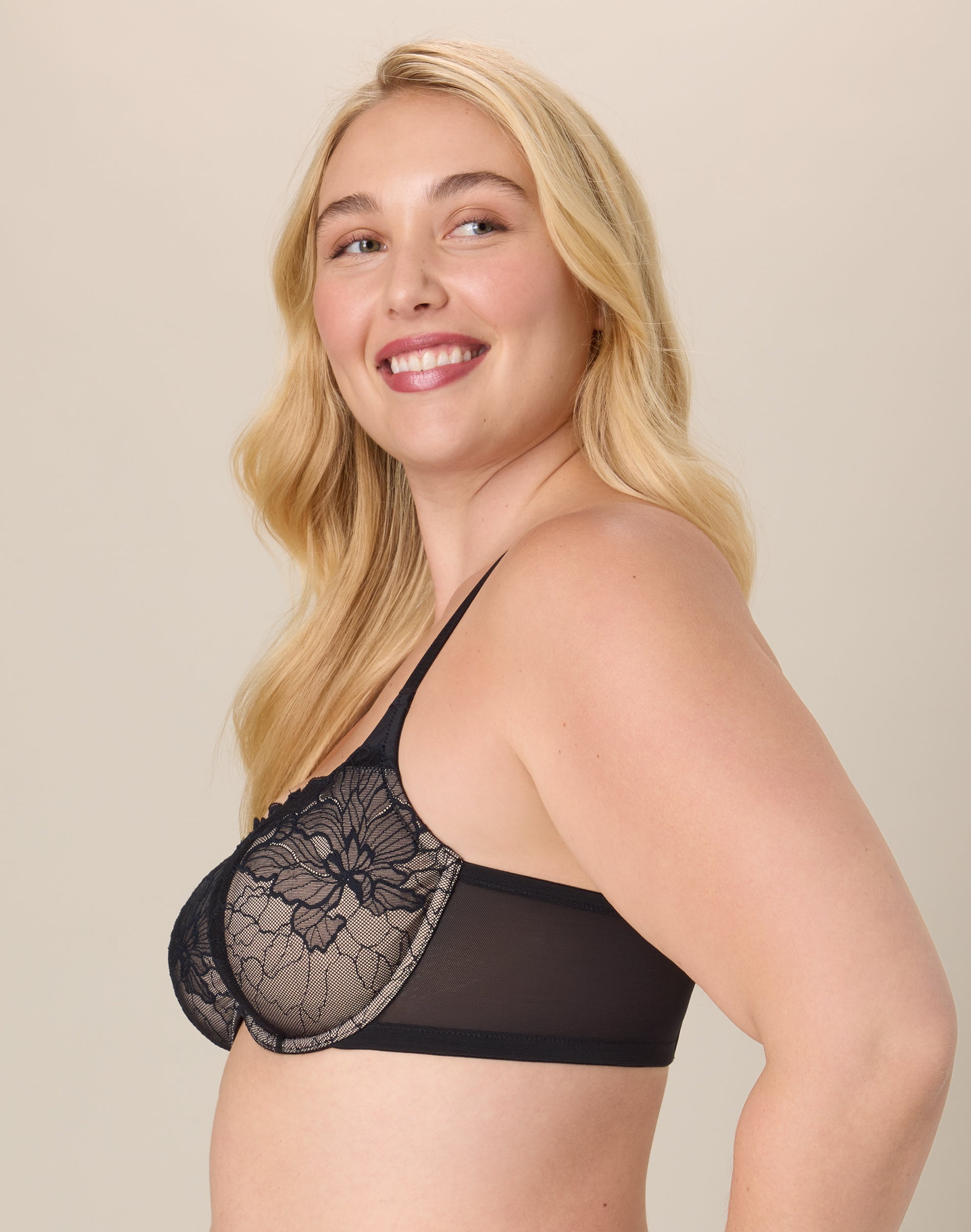 Playtex Unlined Lace Balconette Bra, Full Coverage  Dressed In Black/Almond 44D Women's