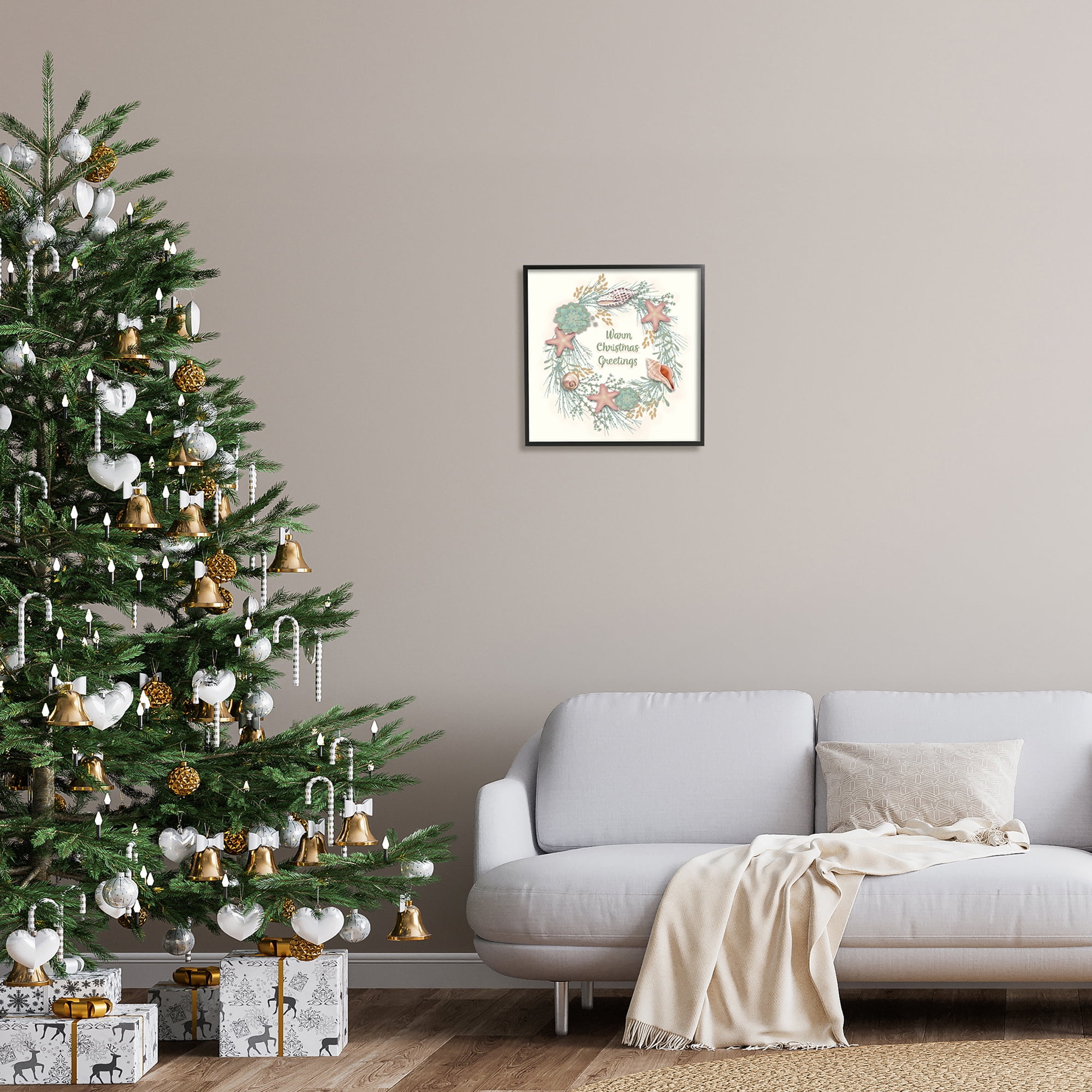 Warm Christmas Greetings Beach Shells Themed Wreath Coastal Graphic Art Framed Art Print Wall Art