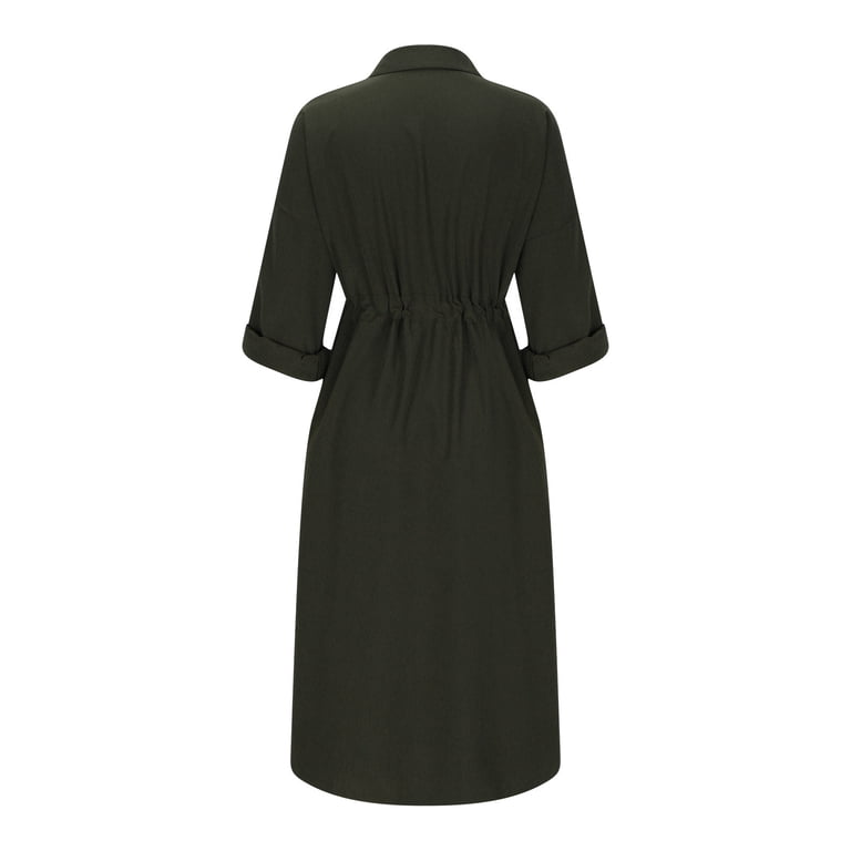 ZQUUVOU Women's Long Sleeve Button Down Dress Casual Loose Tie Waist  Adjustable Sleeve Length Midi Dresses Olive Green - Walmart.com