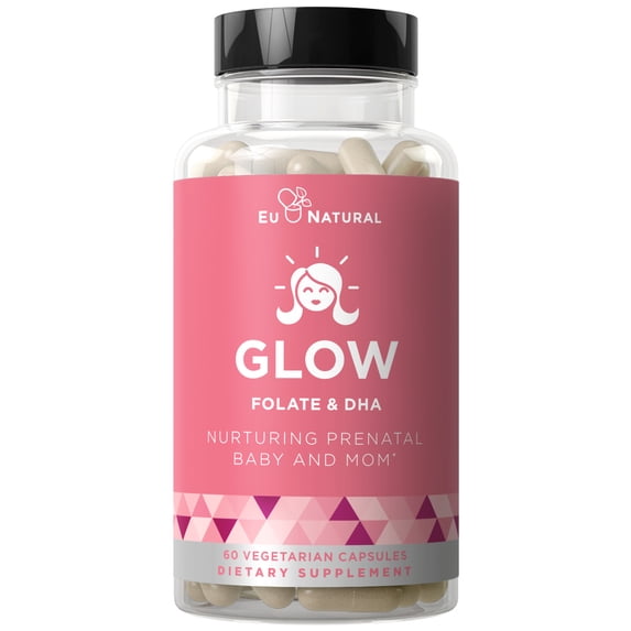 Glow Prenatal DHA Folate Vitamins - Mom & Baby Before During After Pregnancy, Ease Morning Sickness - Ginger, Folic Acid, Myo-Inositol - 60 Vegetarian Soft Capsules - 2 Pack