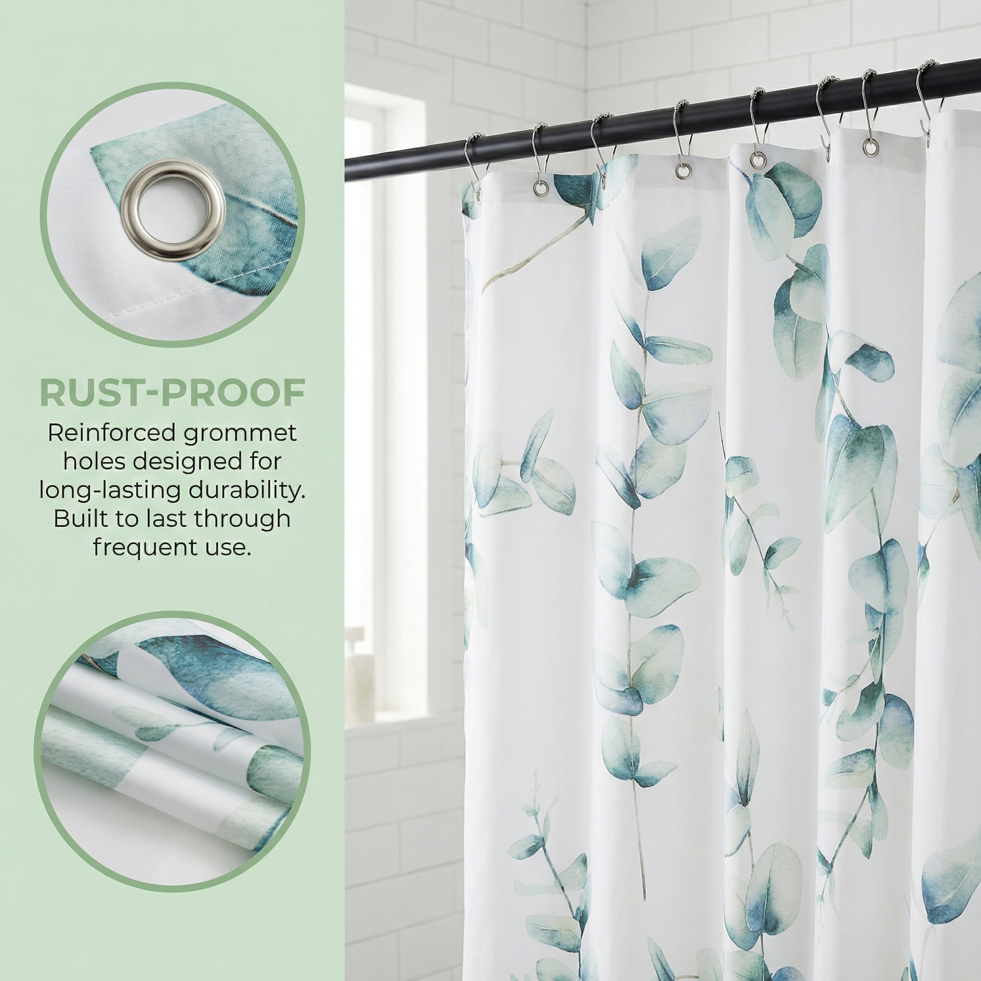 Unique Bargains Waterproof Leaf Shower Curtain Sets Hooks Green Pattern 3 71"W x 71"L