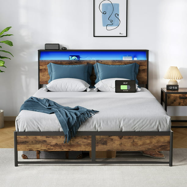 Kustlijn woede plan LINSY LIVING Queen Size Platform Bed Frame with Headboard and 3 Storage  Shelves, Metal Bed with Lights, Outlets & USB, Dark Brown, Mattress Not  Included - Walmart.com