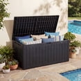 thumbnail image 1 of Dextrus 134 Gallon Large Resin Deck Box, Black Waterproof Outdoor Storage Box, Lockable Patio Container with 2-Person Bench Seating for Cushions, Garden Tools and Pool Accessories, 1 of 7