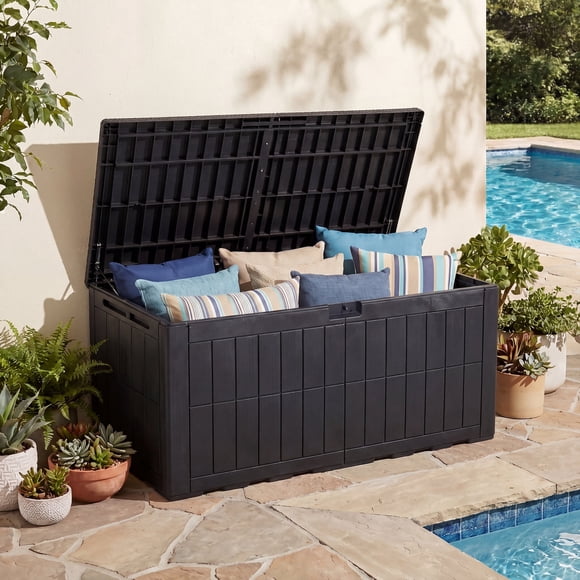 Dextrus 134 Gallon Large Resin Deck Box, Black Waterproof Outdoor Storage Box, Lockable Patio Container with 2-Person Bench Seating for Cushions, Garden Tools and Pool Accessories