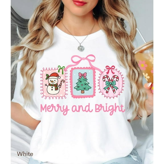 Trendy Christmas Merry Bright Tee Cute Graphic Festive Slogan Top Short Sleeve Round Neck White S-5XL