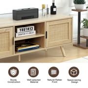 Eumyviv Farmhouse TV Stands for 55 Inch TV,Wood Media Entertainment Center Cabinet Console Table with 2 Rattan Doors, Natural Oak, H0015