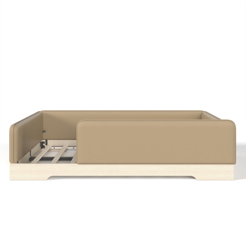 Full Size Faux Leather Upholstered Floor Bed, Kids Montessori Bed Frame with Removable Guardrail, Low Profile Platform Bed