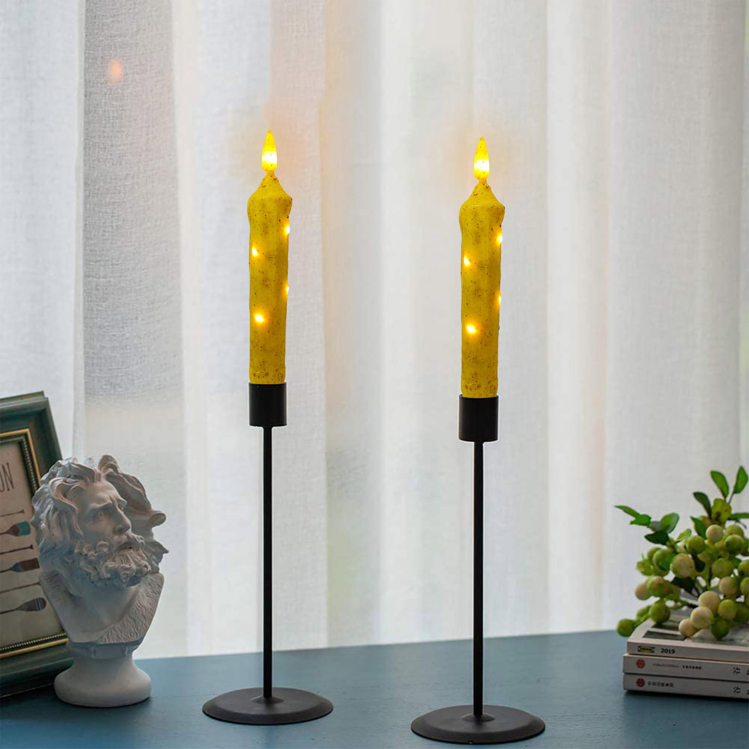 FCMSHAMD 6.5 Inches Primitive Real Wax LED Short Flameless Candles Hand Dipped Battery Operated Taper Candle with Timer Remote for Vintage Rustic Home Decor