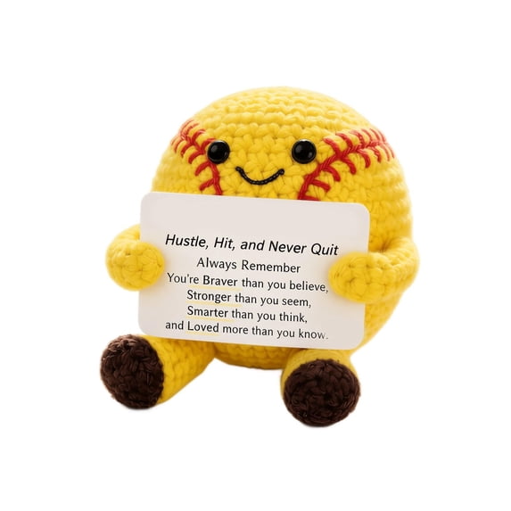 Crochet Plush Figurine, Emotional Support Crochet, Positive Affirmation Gifts, Cute Desk Decor, 3X3 Inch Finished Handmade Yellow Softball Crochet Doll with Legs Holding