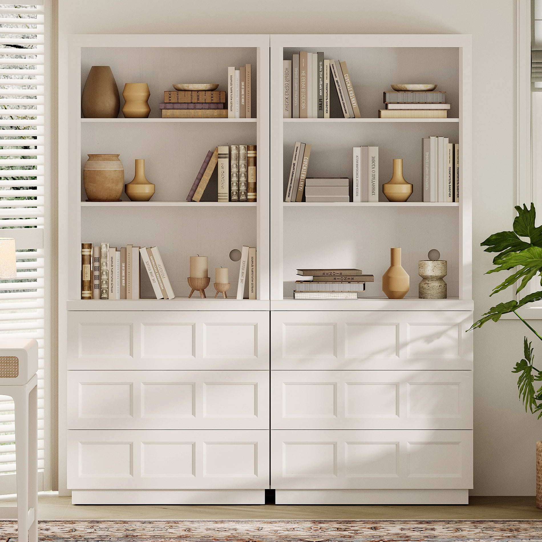 HOMOOI 2-in-1 Integrated Bookcase,Boho Rustic Wood Grain Freestanding Book Shelf with Open Display Shelves & 6 Rebound Handle-Free Drawers, Anti-Wobble Bookcase for Living Room,Home Office,White