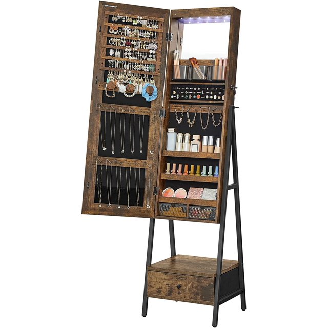 SONGMICS Armoire à Bijoux LED Debout, Armoire à Bijoux Verrouillable avec Miroir Pleine Longueur, Organisateur de Bijoux Gain de Place avec Miroir, Tiroir Inférieur et Étagère, Idée Cadeau, Brun Rustique UJJC025X01