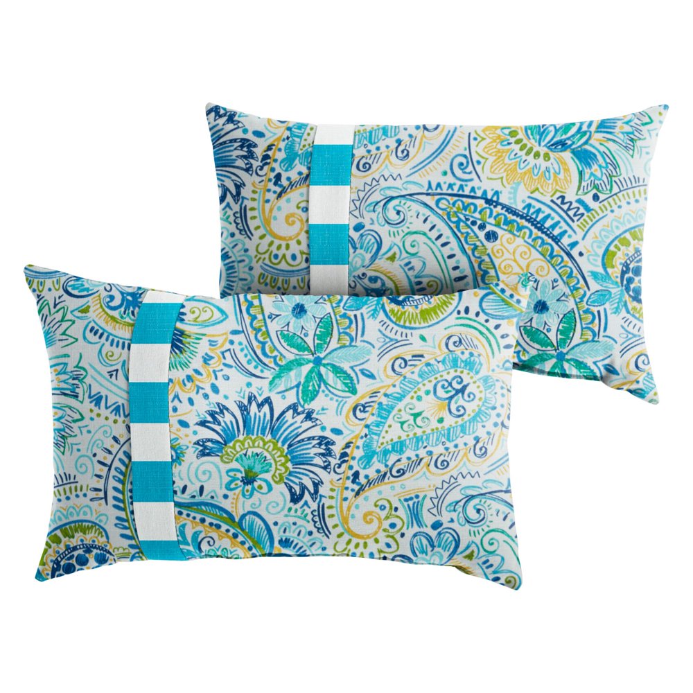 Mozaic Company Sunbrella Outdoor Aqua and Green Floral Lumbar Pillow