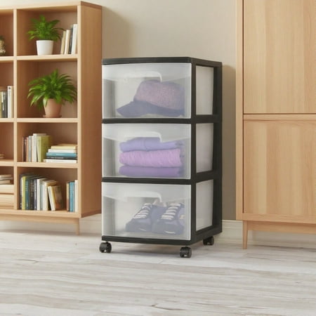 3 Drawer Cart, Clear Plastic Storage Drawers, Wheels Included, Black