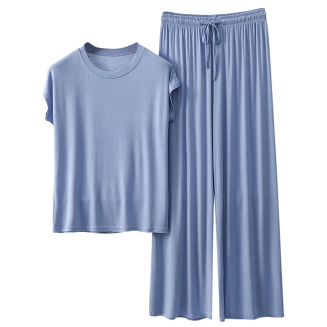 Women Homewear Solid Color Loose Pajamas Short Sleeve T Shirt Drawstring Wide Leg Pants Sleepwear 2 Piece Set