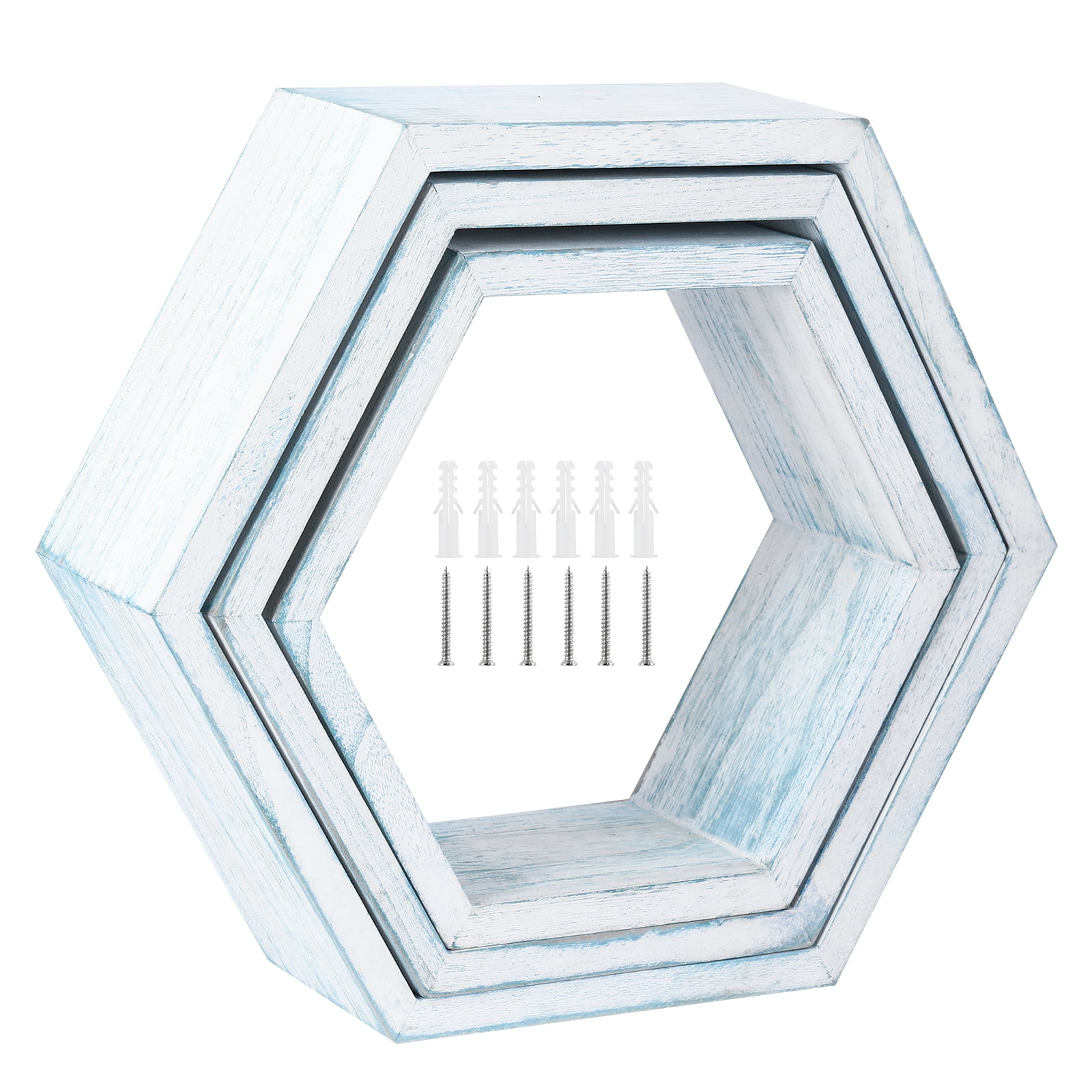 NEX Wooden Hexagon - 13" Rustic Floating Honeycomb Floating Shelf Set - Natural Wood in Light Blue White (3 Count)