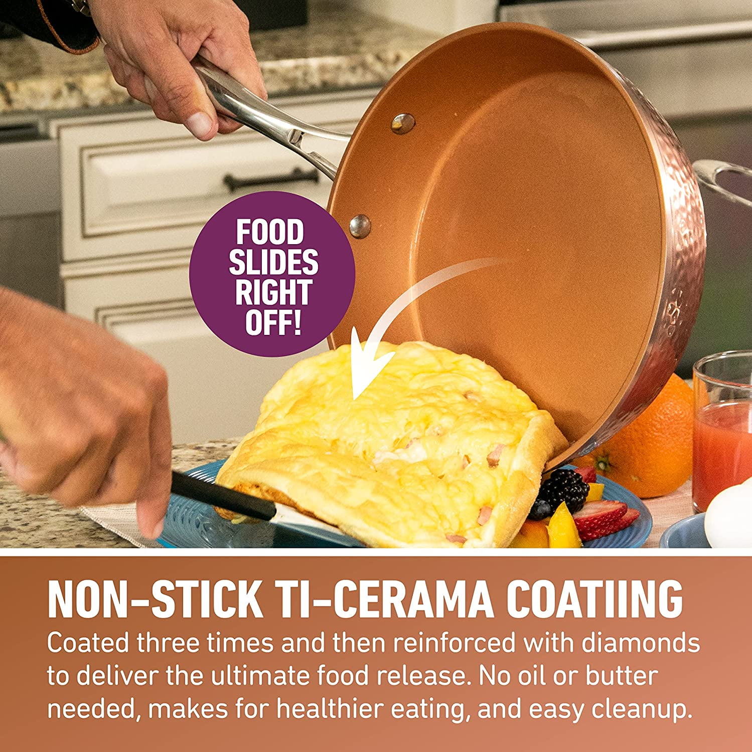 Gotham Steel Hammered Frying Pan Set, 3 Piece Nonstick Copper Fry Pans, 8”, 10” & 12” Skillet, Omelet Pan,  Dishwasher Safe, Cool Touch Handle