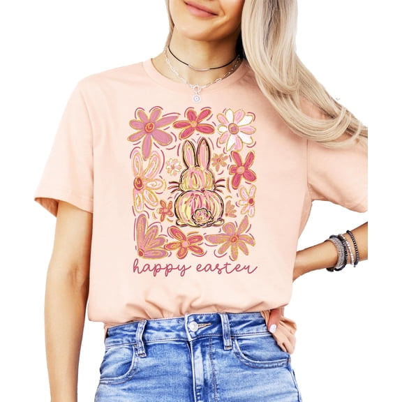 Happy Easter Flower Bunny Shirt for Women Youth and Toddler Girls Girly Matching Easter Tee Peach Shirt Adult X-Large