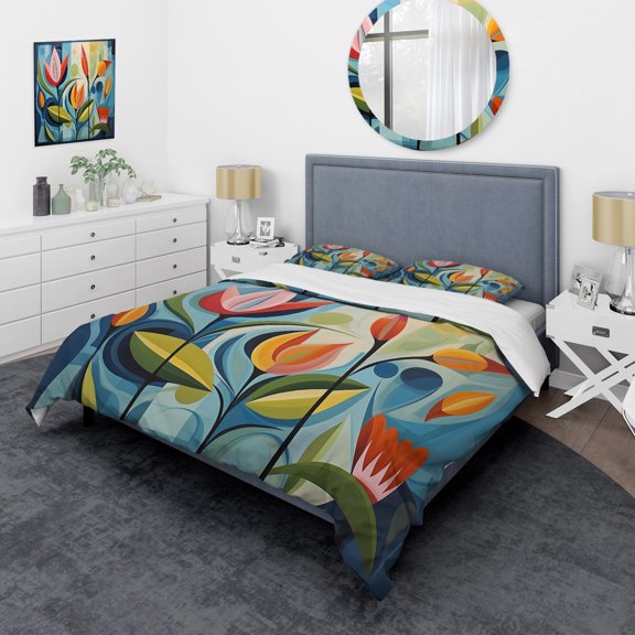 Designart "Mid Century Mod Nature A Green Oasis II" Mid-Century Bedding Covert Set - Abstract Midcentury Green Abstract Bed Set With 2 Shams