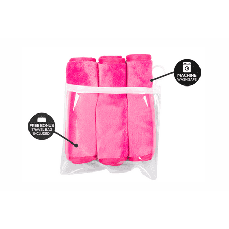 RAINBOW ROVERS Makeup Remover Cloths - Set of 3- Reusable & Ultra-fine Makeup Towels | Suitable for All Skin Types | Removes Makeup with Water | Free Bonus Waterproof Travel Bag | Hot Pink