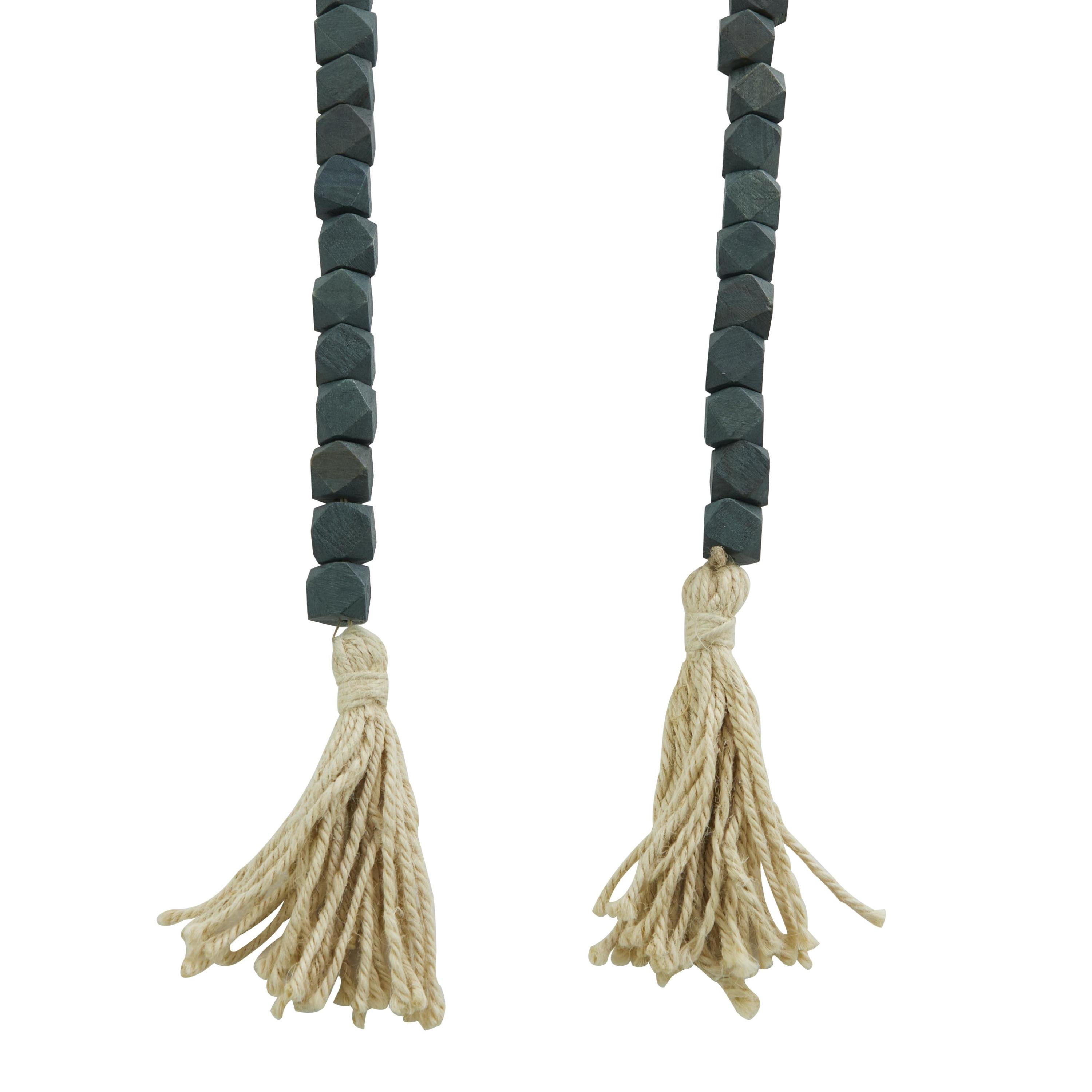 DecMode Green Wood Bohemian Garland Décor with Geometric Bead Details and Cream Cotton Tassel, 82"L