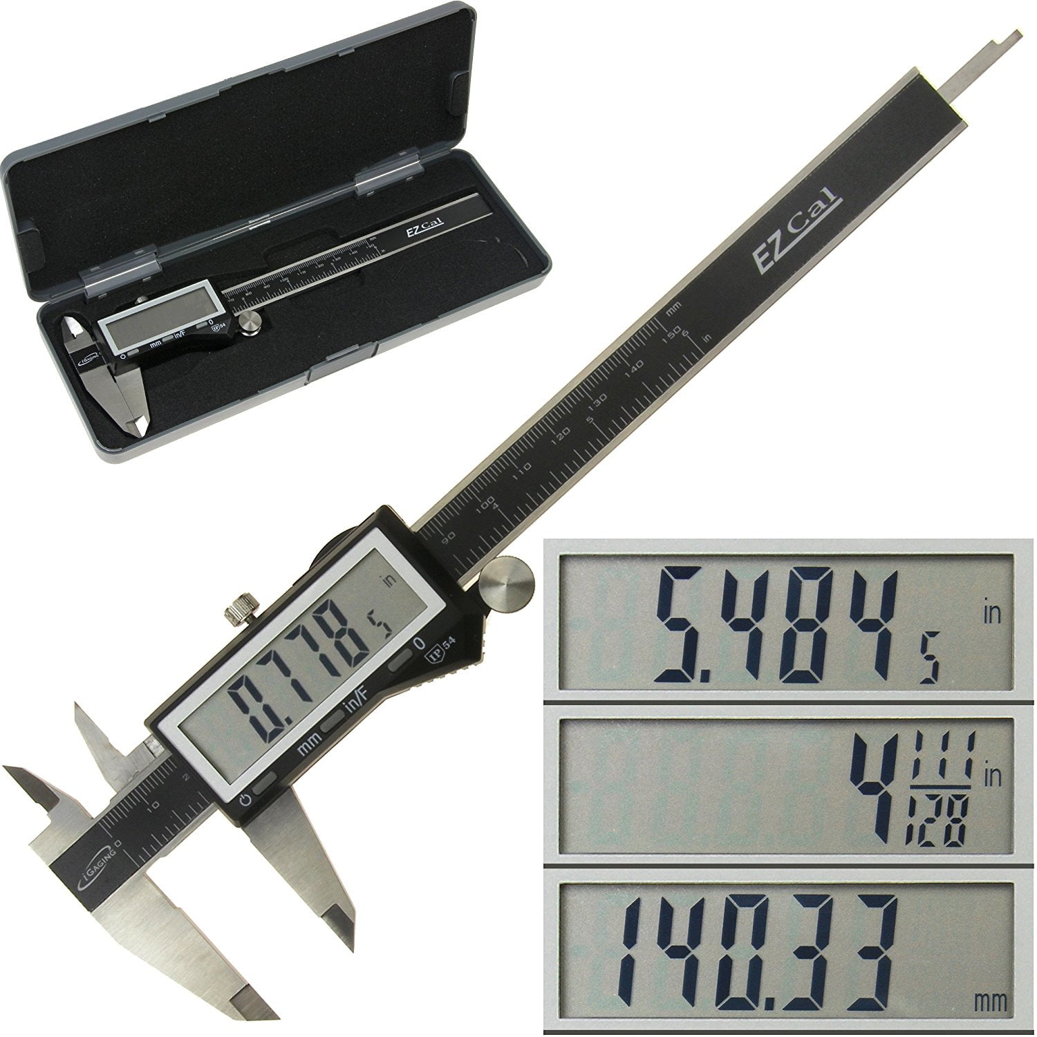 iGaging IP54 Electronic Digital Caliper 0-6 Display Inch/Metric/Fractions Stainless Steel Body 100-333-8B
